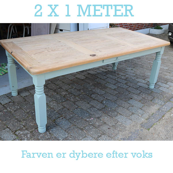Landstilsbord 2 x 1 meter med duck egg blue bordben Antik spisebord