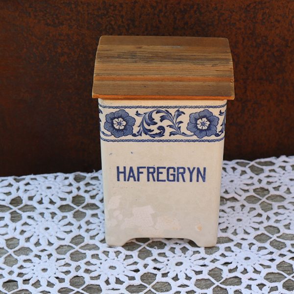 Krukke - porcelæn - Hafregryn - Gefle med uoriginal trælåg 12,5x12x18 cm
