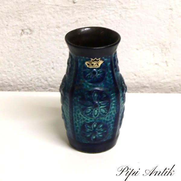 West Germany blå keramikvase Ø6x14 cm
