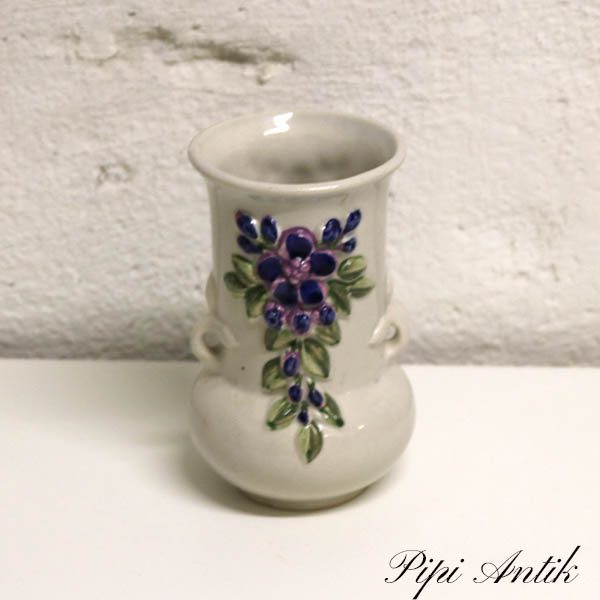 Beige lille blomstret keramikvase Ø5,5x15 cm