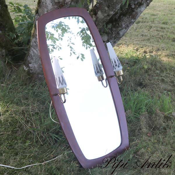 11 Teak spejl retro med sidelamper hvide B92xH45,5xD16 cm inkl lamper