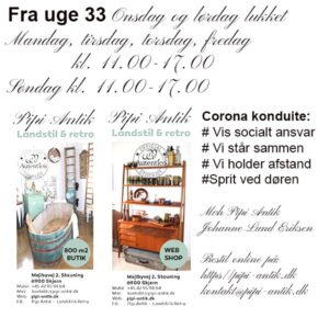Åbningstider for Pipi Antik uge 33