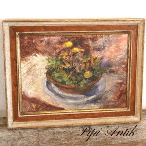 Retro maleri af blomsterkrukke i gyldne brune farver L43xH32xD3cm