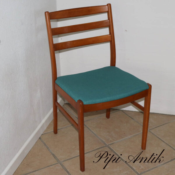 Teak lakeret stol med tyrkis retro stof B46xD44xH82cm sædet 44cm