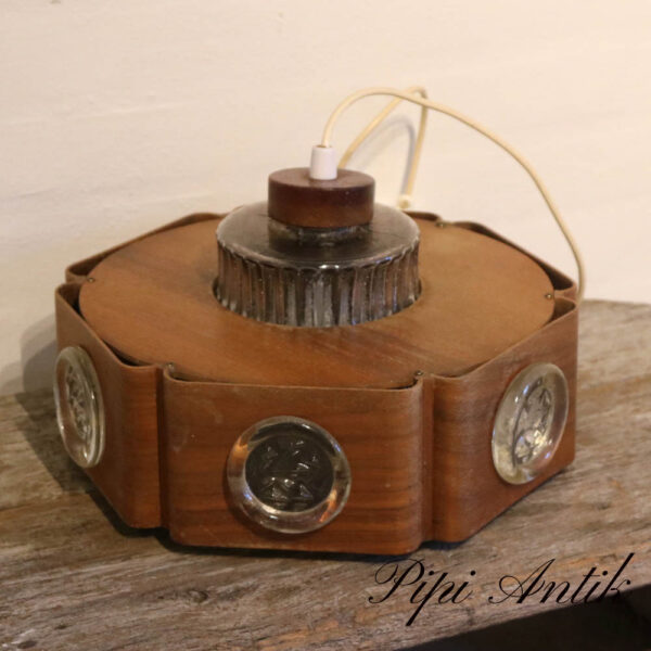 Teak retro loftlampe med glasindsats Ø31xH22cm