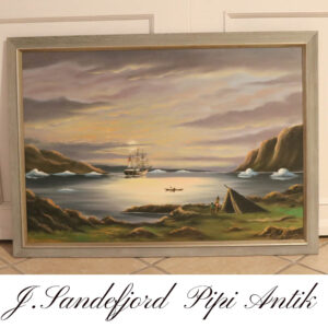 01 J. Sandefjord Grønlands oliemaleri 1900 tallet i grå ramme L104xH76xD3cm