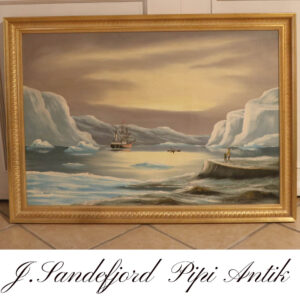 02 J. Sandefjord Grønlands oliemaleri 1900 tallet i guldramme L106xDH76xD5cm