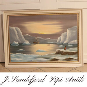 03 J. Sandefjord Grølandsoliemaler1900 tallet i hvid og guldramme L110xH80xD4cm