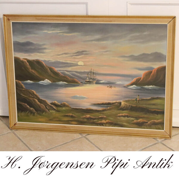 04 H. Jørgensen Grønlands oliemaleri 1900 tallet i guldramme patina på ramme L104xH76xD4cm