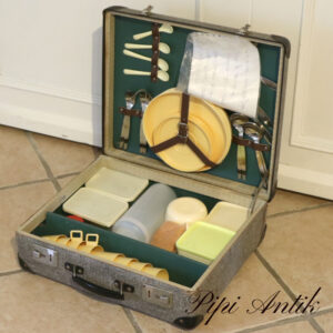 Picnic kuffert retro med alt indhold intakt grå sort meleret fin stand L42xH38xD13,5cm