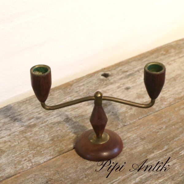 07 Teak træ lysetage messing Ø7xB19xH14cm