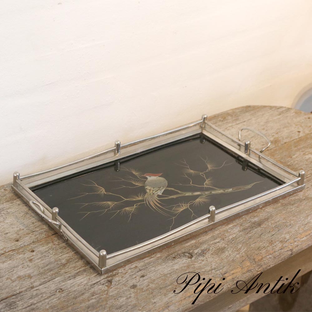 47 Bakke retro krom glas sort med hank L40xB26,5xH3cm