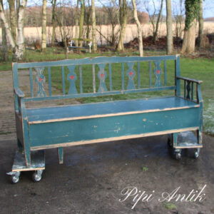 01 Slagbænk svensk blåt original bemalet patineret L183x57xH94cm sædeH 44cm
