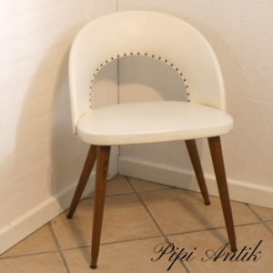 72 Retro stol med kunstig hvidt læderlook teak slanke ben B49xD38,5xH65cm sædeH41cm