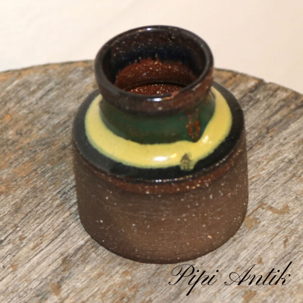 23. Lille keramikvase retro med bitte skør brun grøn råt Ø6,5xH8cm