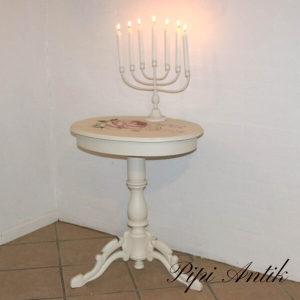 02. Ovalt råhvid pyntebord med smukke ben Redesign Prima rose motiv med tekst L66xD49xH74cm