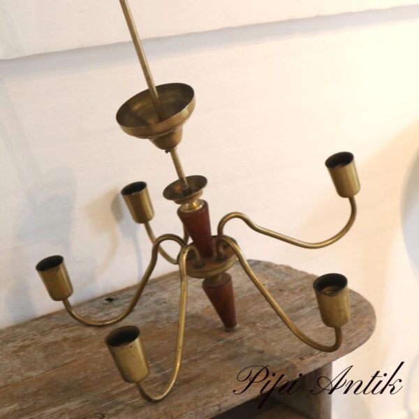 03. Loftlampe teak messing med 5 arme Ø53xH75cm