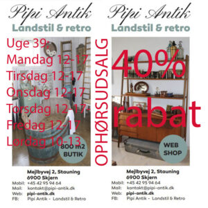 39 uge 2025 40% rabat åbningstider hos Pipi Antik