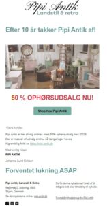 Den 30012026 50% ophørsudsalg fortsætter hos Pipi Antik